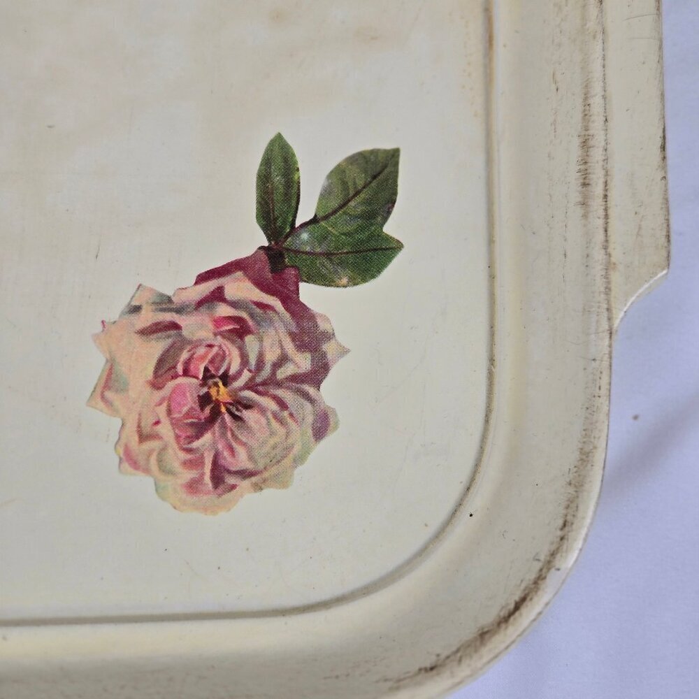 Lightweight Rectangular Tray with Rose Pattern Integrated Handles Distressed - Picture 5 of 8